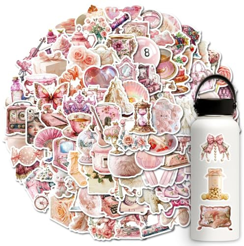 100Pcs Vintage Stickers Aesthetic, Self-Adhesive Small Vinyl Y2k Stickers Pink Cute Girl Graffiti Sticker for Laptop, Computer, Luggage, Skateboard, Water Bottles, Suitcases, Guitar