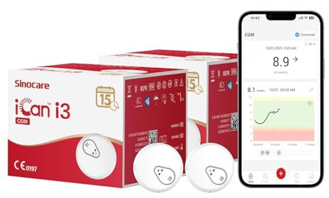 Sinocare Sensor Glucose 15 Días, Monitor Glucosa Continuos, Sensor Glucose, Sin Escaneo, Sin Punción Dedo, iCan i3 CGM (Paquete de 2)