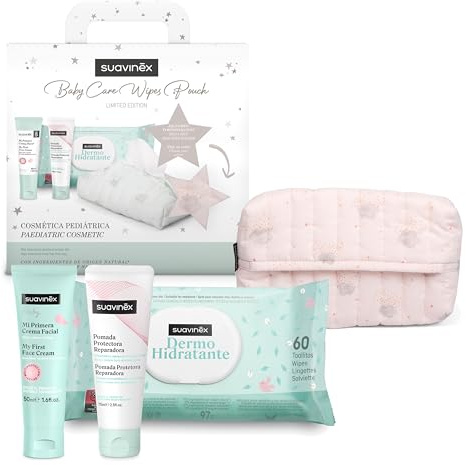 Suavinex, Regalo Bebé Recién Nacido, Canastilla Bebé con Porta Toallitas de Tela con: Crema del Pañal - Pomada Protectora Reparadora + Crema Facial + Toallitas Dermohidratantes, Rosa