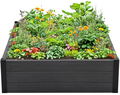 TRUTZHOLM Pflanzkasten Blumenkasten mit Wühlmausgitter 100x100x28,5 cm ca. 260 Liter Holzoptik robust stabil langlebig Hochbeet