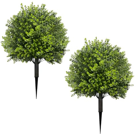 JOYWU Faux Boxwood Tree with Ground Spikes,2 Pcs Artificial Boxwood Topiary Ball Trees for Indoor Outdoor,UV Resistant Fake Greenery Shrubs,Easy to Install and Shape,Porch Garden Yard Decor,60cm