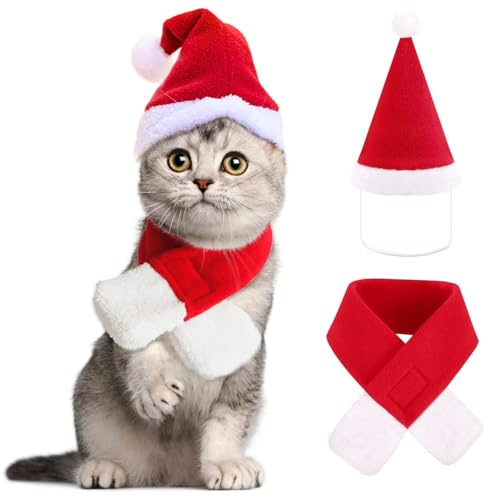 2 Stück Weihnachten Katzen Hunde Kostüm Mit Rot Weihnachtsmütze Und Schal | Weihnachtskostüm Katzenbekleidung Hundebekleidung Für Weihnachts Outfit Cosplay Party Deko
