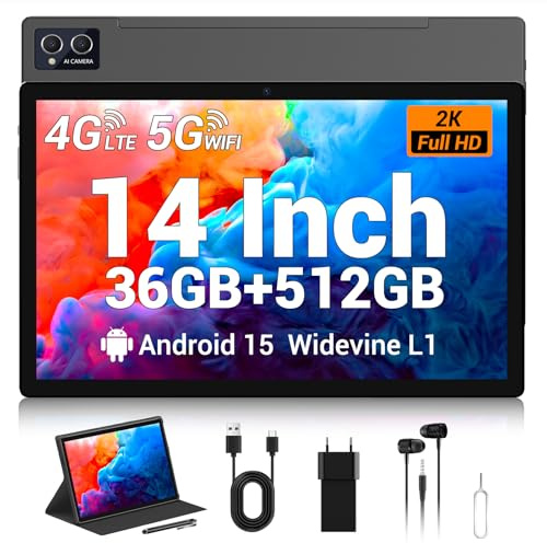 TIGERFU Tablette 14 Pouces, Android 15 Tablette avec Carte Sim Plateau, 36Go RAM+512Go ROM (TF 1To), 4G LTE+5G WiFi, Octa-Core,8MP+13MP,11580mAh,1920x1200 FHD,BT5.0, (Gris)