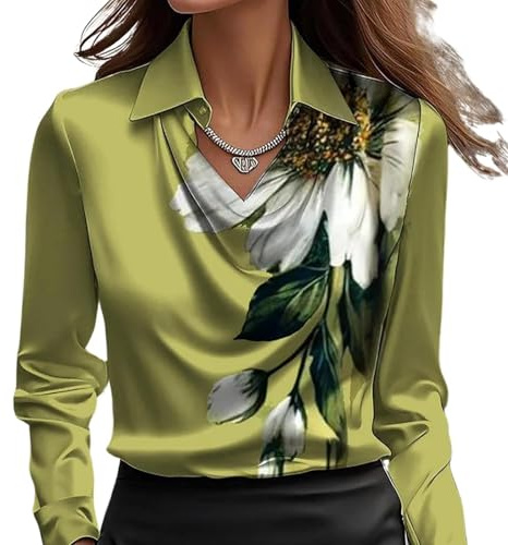 Elegante blusa de satén con cuello drapeado para mujer, manga larga fruncida para oficina, blusa de seda de verano, Estampado verde., M