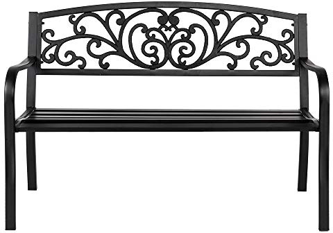 Bonnlo Gartenbank Metall Retro-Stil, wetterfeste Sitzbank für 2-3 Sitzer, Essbank mit PVC-Blumendekor-Rückenlehne und Latten-Sitz, Gartenmöbel bis 360kg belastbar, Bänke für Garten Balkon Hof, Schwarz