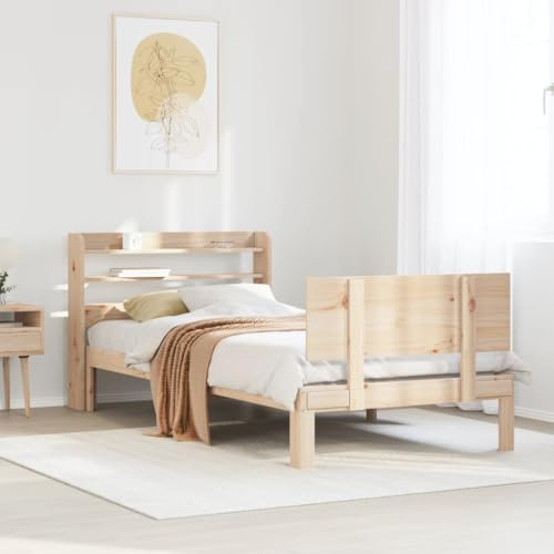 Qnhdfrt Massivholzbett aus Kiefer mit Kopfteil und Stauraum 90x190 cm Bettgestell aus unbehandeltem Kiefernholz mit praktischen Regalen Rustikales Design für Schlafzimmer Gästebett