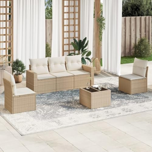 QJBSAVVA 6-TLG. Rattan Gartenmöbel Set Beige Kunststoff Tischplatte aus Glas 65,5 x 62 x 69 cm Modernes Design Robust & Modular für Balkon Terrasse Garten