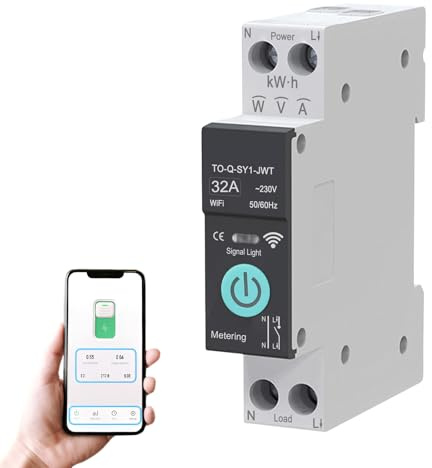 Interruptor WiFi, 1P+N 32A 230V, interruptor de control remoto inalámbrico para hogar inteligente, temporizador, control de voz monitor de energía compatible con la aplicación Smart Life TUYA riel DIN