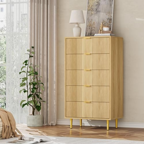 Litake Kommode für Schlafzimmer, 60cm Breite 5 Schubladen Aufbewahrung Kommode mit Vintage Metallgriffe, Tiefe Kommode für Schlafzimmer, Wohnzimmer, Flur oder Eingang(Eiche, 60x40x112cm)
