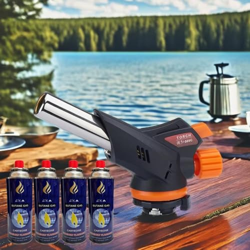 Kitchen Blow Torch Welding Gas Torch Flame Gun Burner Nozzle Flame Thrower Butane Burner Outdoor Camping BBQ Brazing Torch Cooking (Blow Torch + 4 Cans)