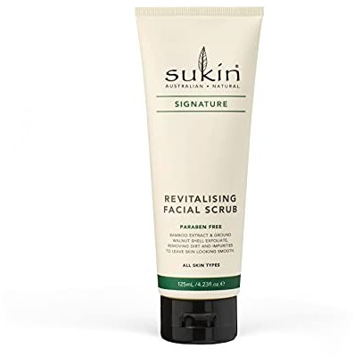 Sukin Signature Revitalising Facial Scrub 200ml -with Bamboo, Walnut Shells & Aloe Vera; cruelty free & vegan friendly - uses gentle granules to lightly exfoliate the skin, removing dirt & impurities.