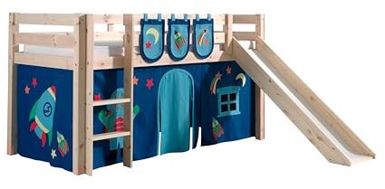 Spielbett inkl. Rutsche mit Textilset Vorhang & 3 TaschenAstro, Kiefer Massiv Natur