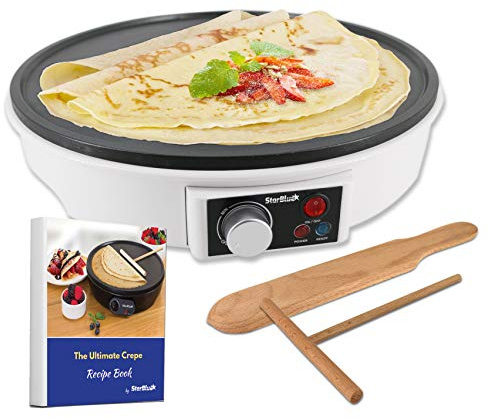 12 Electric Crepe Maker by StarBlue with FREE Recipes e-book and Wooden Spatula - Perfect for Crepes, Roti, Tortillas, Blintzes, Pancakes, Waffles, Eggs, Bacon AC 120V 50/60Hz 1000W
