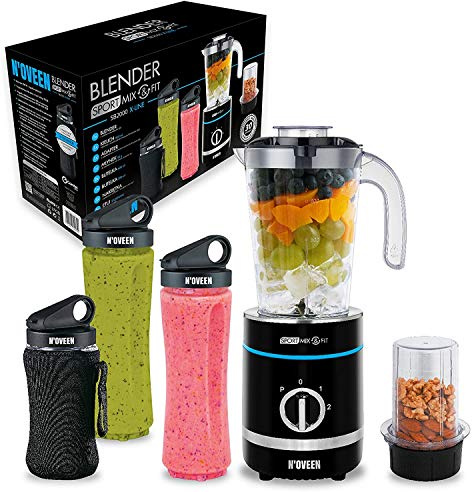 N'OVEEN Fitness Mixer Smoothie Maker, mélangeur de sport multifonctionnel de 500 watts - collations savoureuses et riches en vitamines pour athlètes, lame à 6 bras, 3 sans BPA, 2x 600 ml et 300 ml