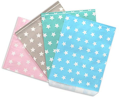 Frau WunderVoll® 100 PAPIERTÜTEN IM Set, 4x25 Stück: Taupe Sterne, rosa Sterne, blau Sterne, türkis Sterne 13x16,5cm, 45Gramm Papier, flach/Hochzeit, Papiertütchen, Mitgebseltüten