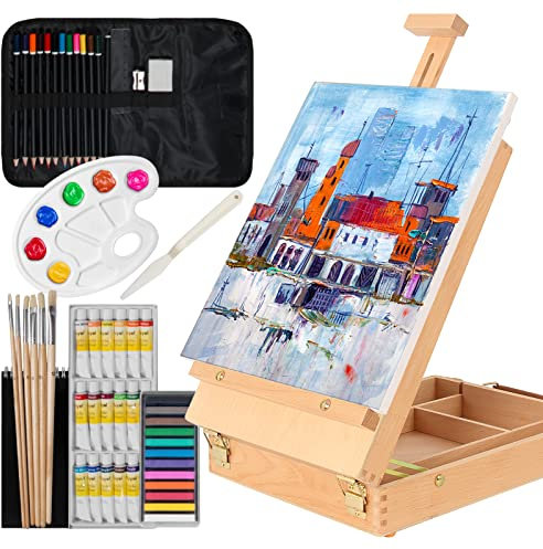 Kuyal Wood Box Easel Artists Painting Set with 18 Acrylic Oil Paint Colors, 12 Color Pencil, 6 Artist Brushes, 1 Stretched Canvas, 12 Soft Pastels, Art Table Easel with Supplies