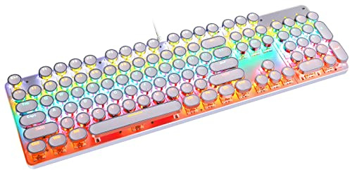 YSCP Teclado mecánico para juegos estilo máquina de escribir, arco iris, retroiluminado con cable con interruptor azul, tecla redonda retro, teclado de 104 teclas (L-blanco)