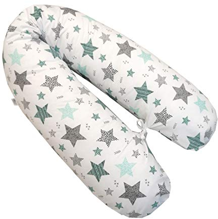 Emi&Sam Cojín de lactancia, 170 cm, cojín de embarazo y posicionamiento, funda de repuesto ((solo funda), 20 estrellas, menta)
