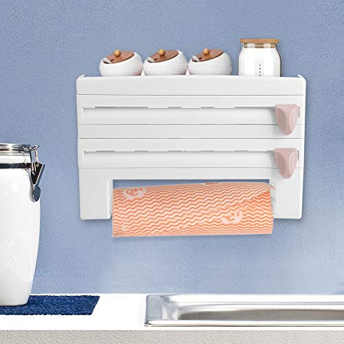Wall Mounted Kitchen Organizer, Cling Film and Aluminium Foil Dispenser with Cutter, Paper Towel Holder Storage Rack, Space Saving, 39x10x24cm, White