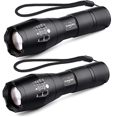 Sumairs Taschenlampe, Extrem Hell LED Taschenlampe 3000 Lumen mit 5 Leuchtmodi, Zoombar, Lange Arbeitzeit Wasserdicht Taktische Taschenlampen für Camping, Outdoor, Wandern, 2 Stück