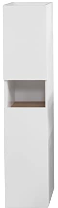Pelipal Badezimmerschrank Quickset 947 in Weiß Glanz/Rivera Eiche quer Nachbildung, 30 cm breit | Halbhoher Midischrank mit 2 Türen, 1 Nische und 2 Einlegeböden