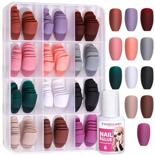 12 Packs (288PCS) Matte Press on Nails Medium Length, FANDAMEI Acrylic Short Fake Nails Full Cover, Ballerina Coffin Press on Nails