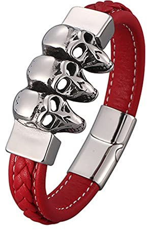 Skcess Magnetarmband Herren Silber，Herrenarmband Aus Leder 3 Totenkopf Lederarmband Mit Magnetschnalle Rostfreier Stahl Lederarmband Herren 20.5cm