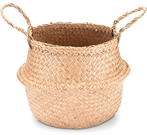 Decorasian Seegras Korb rund geflochten, Körbe zur Aufbewahrung und als Blumenkorb - Übertopf in Bast bzw. Rattan Optik - Seegraskorb mit Henkel zum Tragen - Wäschekorb - 25cm