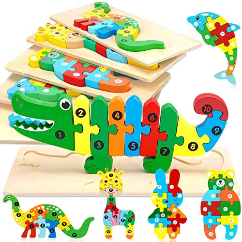 MOOING Holzspielzeug für Kinder, Holzspielzeug Steckpuzzle1 2 3 Jahren, 6Stück Montessori-Spielzeug für Kinder, Montessori Lernspielzeug mit Zahlen 3D Steckpuzzle für Kinders Geschenk