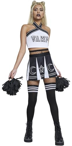Smiffys Fever Vamp Cheerleader, schwarz-weiß, mit Top, Rock, Socken und Pompons Halloween und Karneval