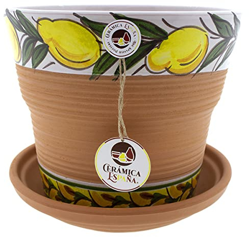 CERÁMICA ESPAÑA | Macetas de Barro Rojo | Macetas Decorativas | Macetas de cerámica | Macetas Exterior | Decorado Limones - D08 | Decoración 100% Hecho a Mano | 25x25x22 cm | Plato Incluido