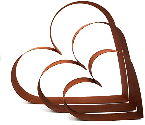 UNUS Lot de 3 cœurs décoratifs de jardin en métal rouillé - Bordure de parterre - Aspect rouille
