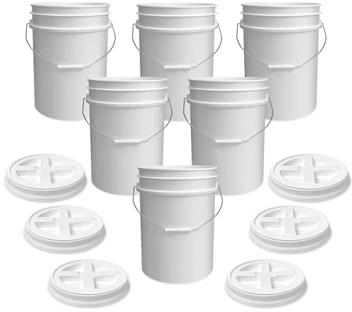 ePackageSupply 5 Gallon White Bucket with White Gamma Seal Screw on Airtight Lid | Made in USA | Food Grade | Heavy-Duty HPDE Plastic | Durable 90 Mil Pail | Easy Stack and Store | BPA Free (6 Count)