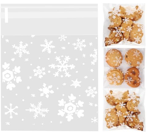 100PCS Sacs de Noël Sachet Plastique Transparent Auto-Adhésive pour Bonbons Biscuits Fourniture de Fête Noël Boulangerie Sac Emballage (10x11+3cm)