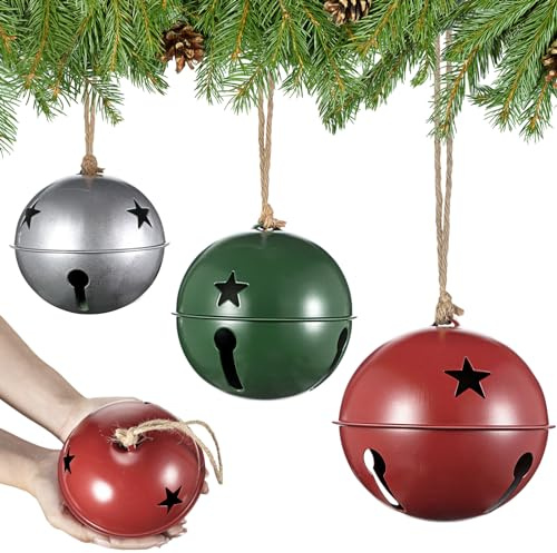 Tandefio Giant Christmas Vintage Bells Christmas Tree Ornaments Set of 5.5 4.7 4 H Decorative Bells with Jute Hanging Rope for Door Knob Home Garden Decor DIY Craft(Silver, Red, Green)