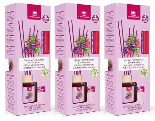 CRISTALINAS | Pack 3 Ambientador Mikado | 100% Puro | Larga Duración 8 Semanas | 3x35ml | 0% Alcohol (Moras y frambuesas, 3x35ml)