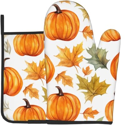 Set di guanti da forno e presine a tema foglia d'acero con zucca e resistenti al calore, ideali per cuocere, cucinare e barbecue