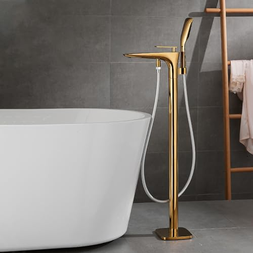 Badewannenarmatur Freistehend Einzelgriff Messing Wasser Kalt und Heiß Handbrause Mischbatterie Badewanne Freistehend-Gold