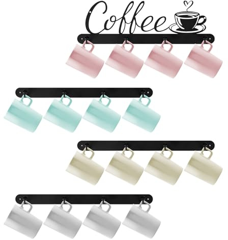 QUMENEY 4 Pcs Coffee Mug Holder Wall Mounted Metal Coffee Mugs Hanger Organizer Storage Display Rack with 16 Hooks Coffee Sign Decor for Kitchen Coffee Bar Station Accessories Office