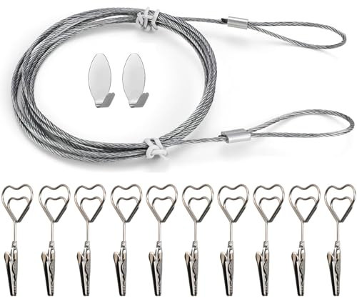 Fotoseil mit Klammern, Fotodrahtseil mit 10 Stück Metall Fotohalter Fotoleine 160cm x 2mm Fotokette Stahlseil mit Ösen und Haken zum Fotos und Kinderzeichnungen Aufzuhängen, Kartenhalter in Herzform