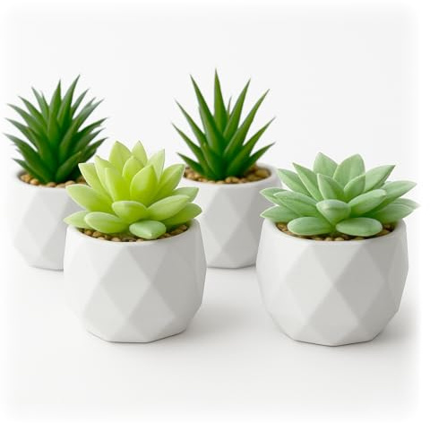 Fake Plants Set of 4 - Artificial Succulent Plants in Mini Ceramic Pots Small Faux Plants for Indoor Decor Realistic Greenery for Shelf Desk Bathroom Bedroom Living Room & Office