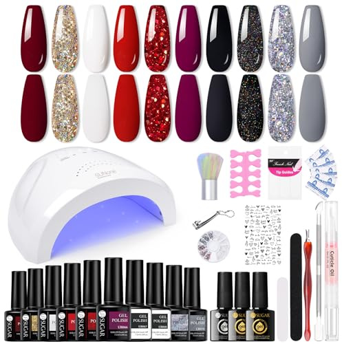 UR SUGAR UV Nagellack Set mit UV Lampe 48W, Gel Nagellack Starterset Nagellacks Starterset mit Base und Top Matte Coat Schwarz Grau Gellack Nägel Nagelstudio Set