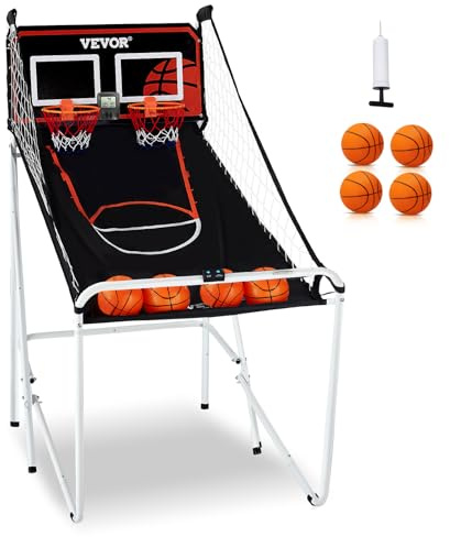 VEVOR Jeu d'arcade de basketball pliable, 2 joueurs, panier de basketball à double tir à domicile, 4 ballons, tableau de bord électronique et pompe de gonflage, pour enfants et adultes, noir et blanc