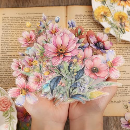 Knaid 120 Pieces Watercolor Flower Stickers Set - Big 4.7 Waterproof Clear Botanical Floral Journaling Sticker for Scrapbook Junk Journal Supplies Bullet Journals Planner Collage Laptop Paper Crafts