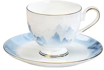 Kaffeetasse Becher Hochwertiges Kaffeetassen- und Untertassen-Set, handgezeichneter Goldrand, Premium-Teetassen aus Knochenporzellan, chinesisches Teeservice mit Tuschemalerei für Kaffee, Tee, heißen