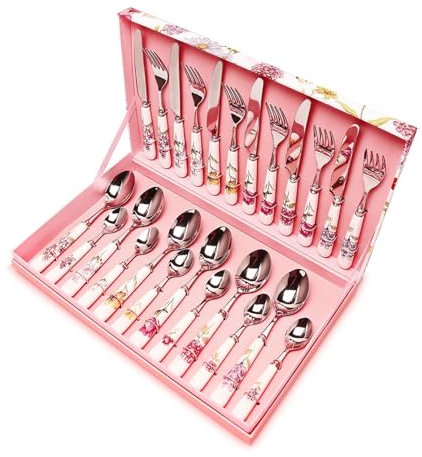 Gaxcent Besteck Set 6 Personen 24 teilig Edelstahl Spiegelpoliert Silber Besteckset Spülmaschinenfest Essbesteck Set mit Messer Gabel Löffel Teelöffel Geschenkbox für Küche,Rosa