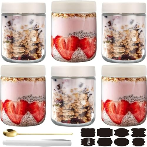 CNKHDZ 6 Pack burkar över natten havre,Vitt 500 ml övernattningsglasburkar Overnight Oats-Glas små glas havregrynsgröt förberedelse sallad mat flingor snack behållare pudding yoghurt lagring
