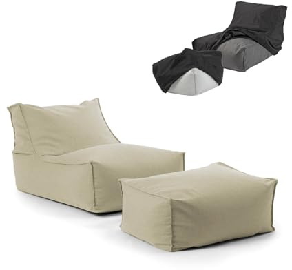 mokebo Outdoor Sitzsack und Pouf für Kinder & Erwachsene 'Der Sundowner', Bean Bag mit Füllung oder Bodenkissen für Indoor & Outdoor, auch als Liegekissen, Relaxliege mit Hocker in Sand