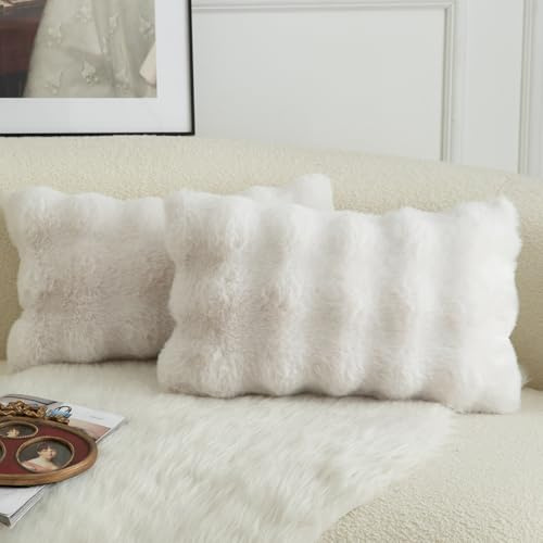 Mandioo 2er Set Luxus Dekorativ dicken Woll Kissenbezug Super Soft Wave Blase Plüschwolle werfen Kissenbezüge Zierkissenbezüge Sofakissen Schlafzimmer Kissenhülle für Sofa 40x60cm Cremeweiß