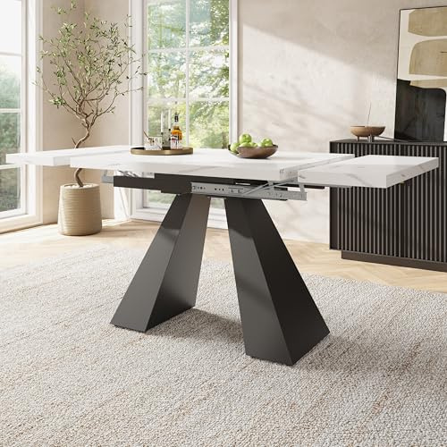 HOXINBLY Tavolo Allungabile,Tavolo Consolle Allungabile con gambe a colonna, design moderno per soggiorno, ufficio e cucina, nero e bianco, 99-159×74 cm